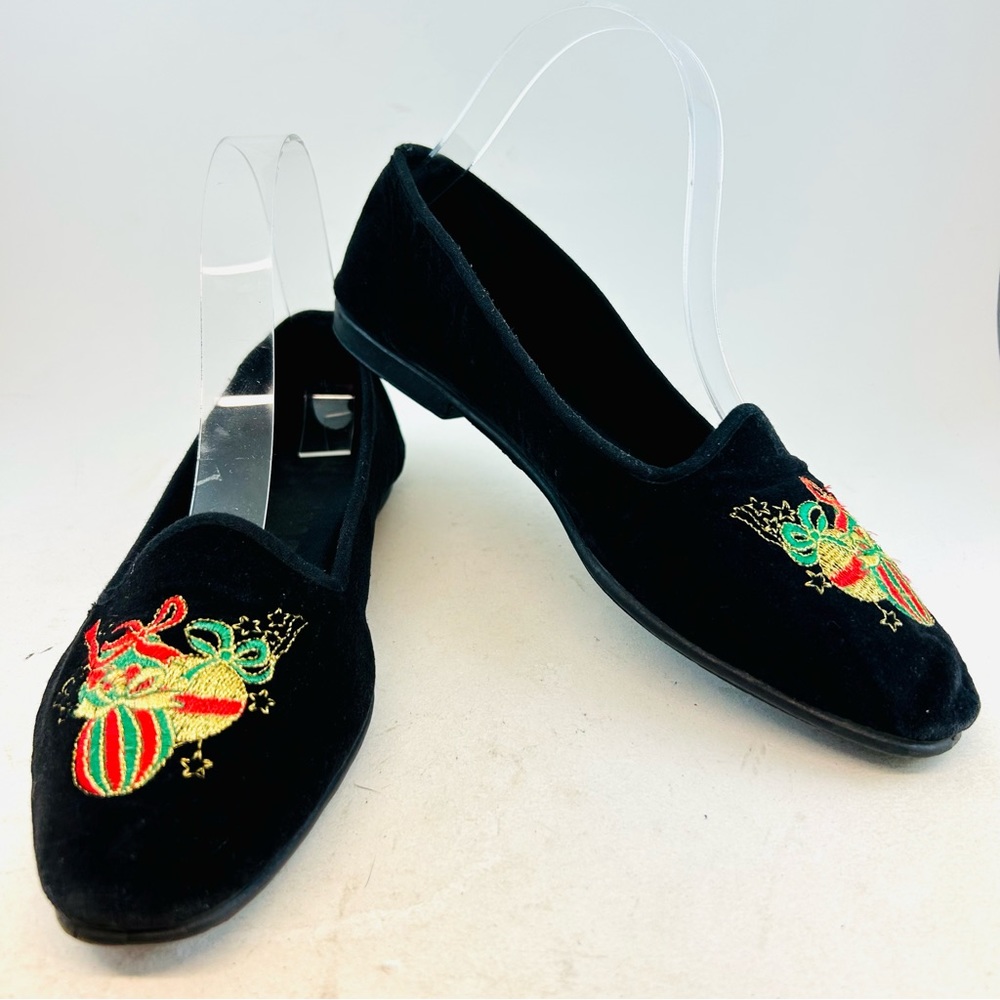 Gitano Vintage 80s 90s Black Velvet Christmas Ornaments Smoking Flats, size 7.5